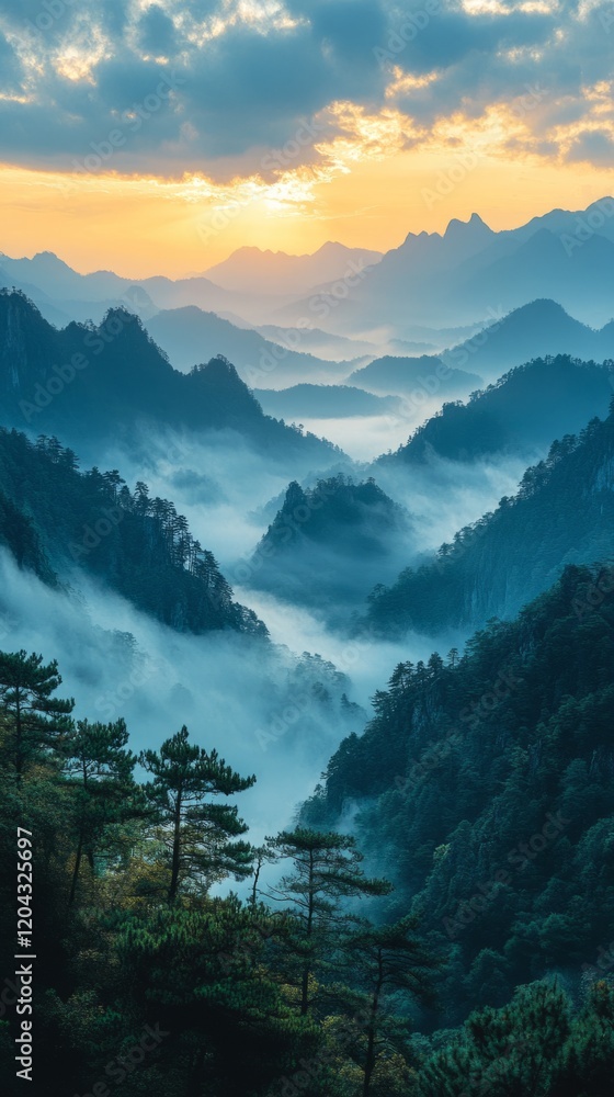Stunning sunrise creating a golden glow over misty mountain peaks Stunning sunrise creating a golden glow over misty mountain peaks
