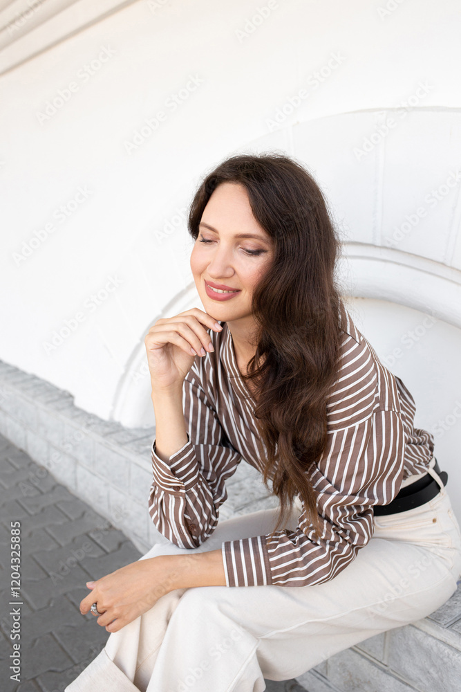 Young beautiful brunette woman wearing silk striped brown shirt and white denim pants sitting outdoor on a city street. Trendy casual outfit. Street fashion. Young beautiful brunette woman wearing silk striped brown shirt and white denim pants sitting outdoor on a city street. Trendy casual outfit. Street fashion.