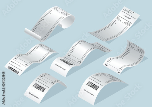 Payment check and receipts with shadows. Set of curved financial paper, purchase invoice. Buying, bill or calculate pay. Receipt the seller forms