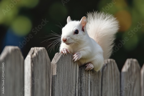 Charming Albino Squirrel Perched on a Fence in Olney: A Cute Encounter with Nature's Wildlife photo