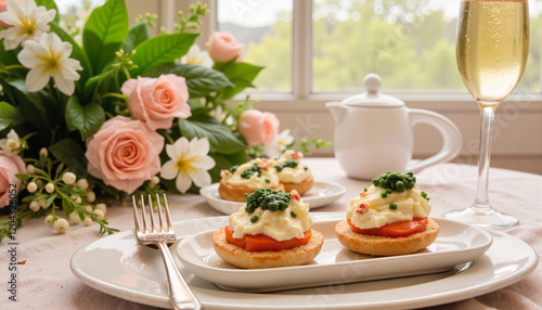Elegant canape appetizers on luxurious table, morning celebration