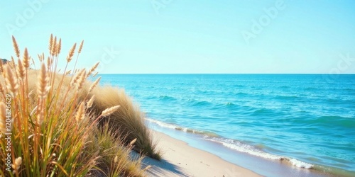 Serene coastal scene featuring sunlit beach grass and tranquil ocean waves on a bright sunny day
