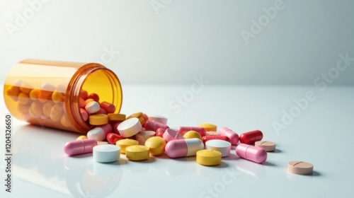 A spilled container of various shapes and colors of medication pills on a light surface