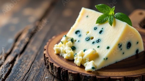 A delectable wedge of creamy cheese, speckled with vibrant green accents, rests elegantly on a rustic wooden board, adorned with fresh herbs.