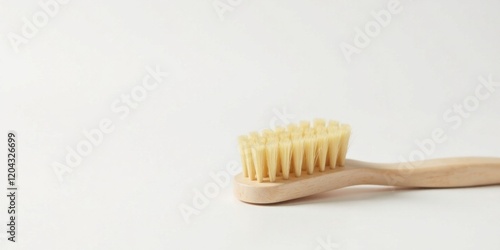 A close-up view of a wooden-handled brush with natural bristles, isolated on a bright white background