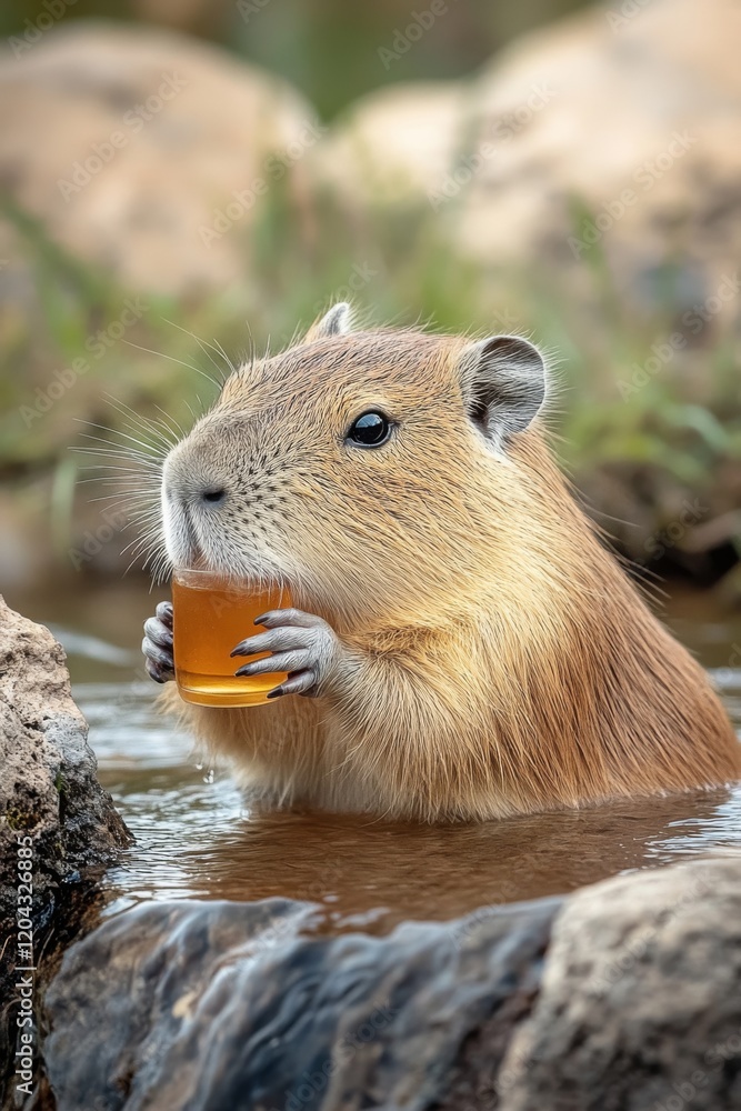 Capybara enjoying a drink by the water in a serene natural setting amidst soft lighting and gentle surroundings during the afternoon Capybara enjoying a drink by the water in a serene natural setting amidst soft lighting and gentle surroundings during the afternoon