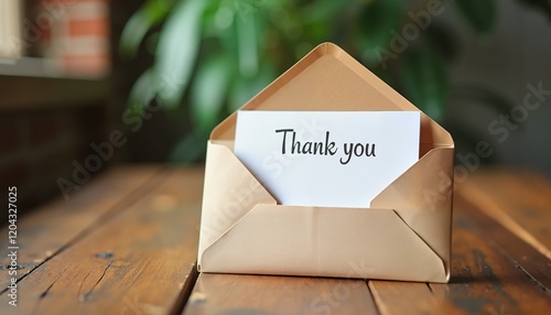 Thank you card in brown envelope on wooden table, appreciation and gratitude concept