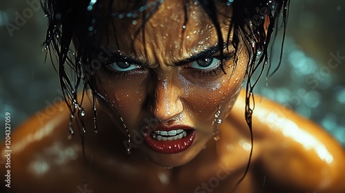 Fierce woman with wet hair in rain	 photo