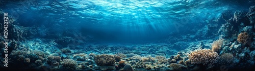 Warm sunlight bathes a vibrant coral reef, creating an ethereal underwater scene with a shimmering glow on the ocean floor