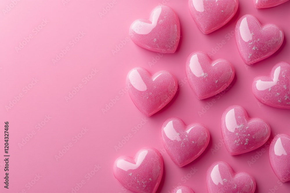 Fototapeta premium Pink glitter hearts are arranged diagonally on a pink background, creating a romantic and festive atmosphere