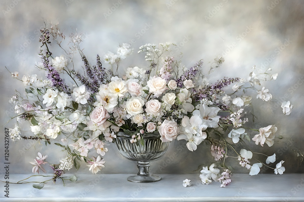Obraz premium Elegant Pastel Floral Arrangement in Crystal Vase, Soft Background
