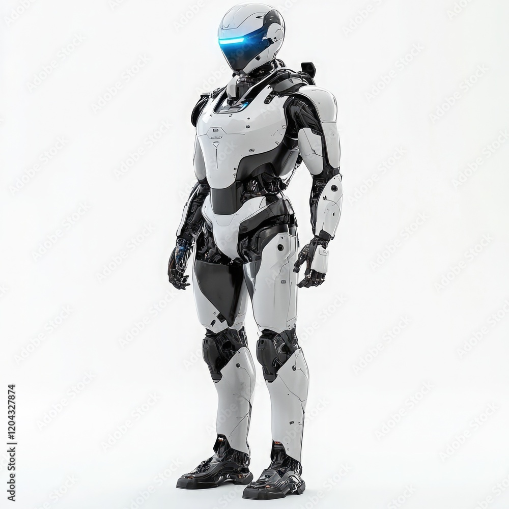 Silver Humanoid Robot with Blue Eyes on White Background Silver Humanoid Robot with Blue Eyes on White Background