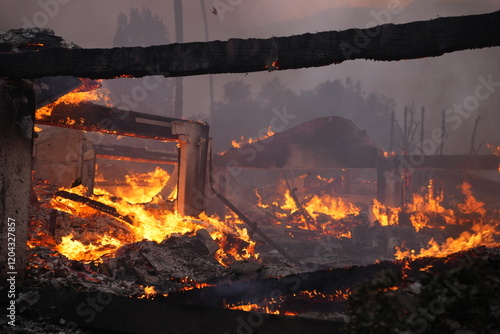 Buildings engulfed in flames in the Palisades fire