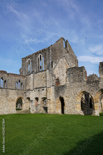 medieval church abbey ruins. crumbling stone remains of historic monastery.  photo