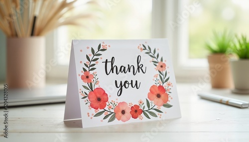 Floral thank you card on wooden table, pastel colors, appreciation and gratitude theme
