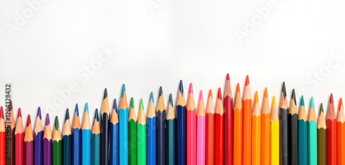 Colorful wooden pencils arranged in wave pattern against plain white background. Art supplies for back-to-school creativity. Education, learning tools. School concept. Ideal for kids activities.