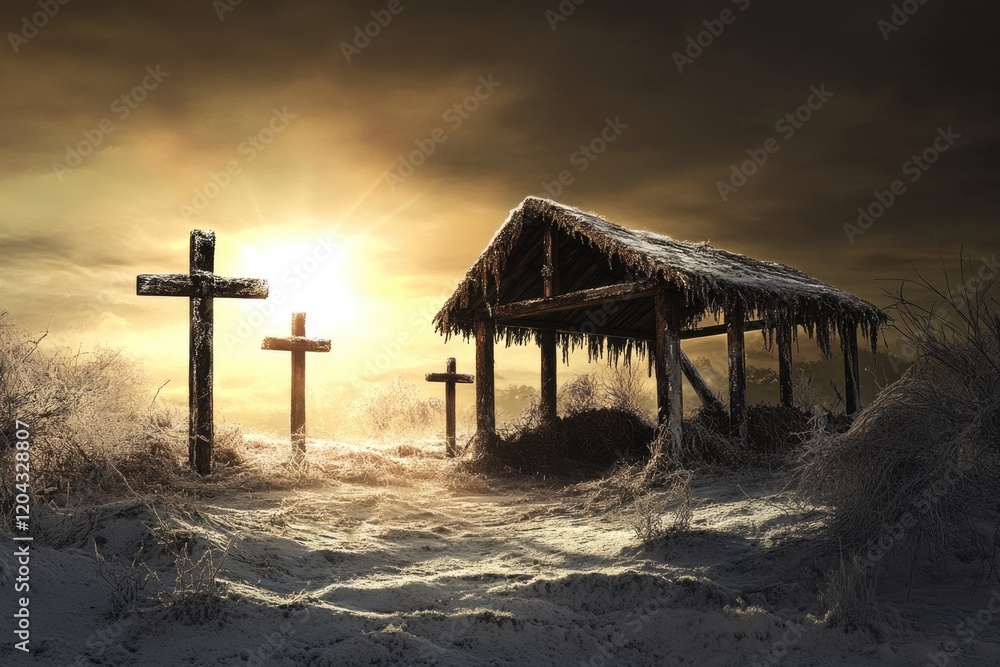 Manger Scene with Crosses: A Symbol of Faith at Christmas and Easter Emphasizing Jesus Christ's Journey Manger Scene with Crosses: A Symbol of Faith at Christmas and Easter Emphasizing Jesus Christ's Journey