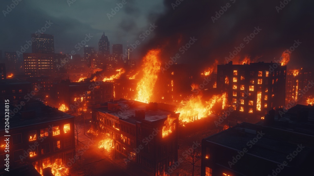 Obraz premium Flames engulf the cityscape, leaping from building to building as the fire spreads relentlessly, casting a haunting glow against the darkened sky.