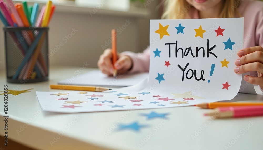 Child holding thank you card with colorful stars at desk, perfect for expressing gratitude Child holding thank you card with colorful stars at desk, perfect for expressing gratitude