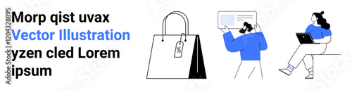 Shopping bag with tag, man holding device and reading, woman with laptop. Ideal for e-commerce, online shopping, mobile apps, technology, digital marketing, user interaction. Landing page