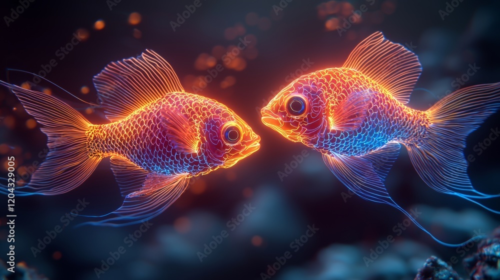 Two neon-lit fish gliding in unison against a mesmerizing, multi-hued background Two neon-lit fish gliding in unison against a mesmerizing, multi-hued background