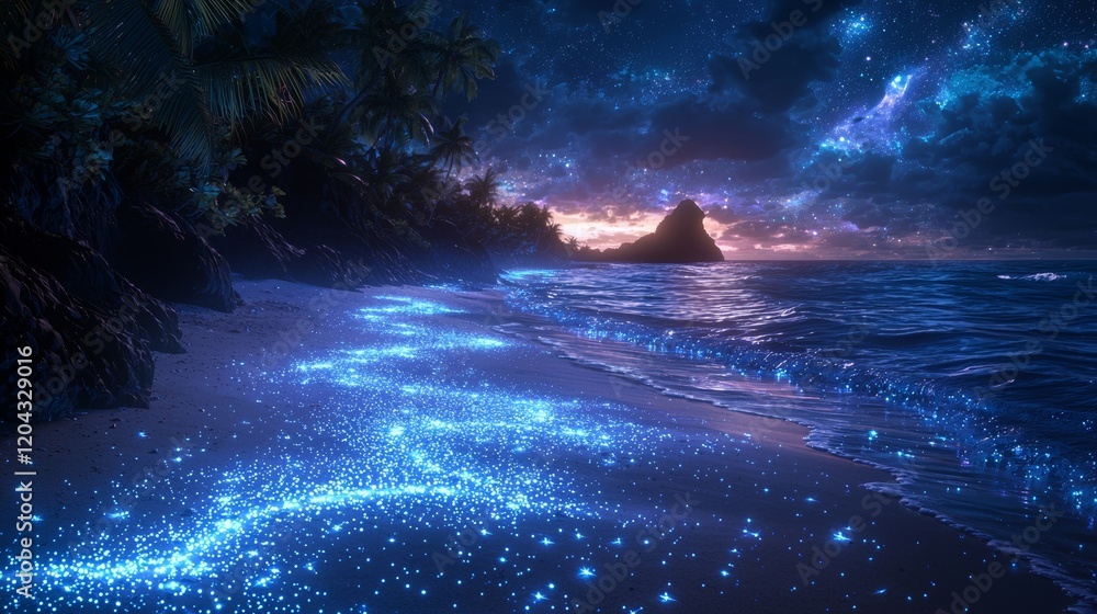 Fototapeta premium Magical bioluminescent beach scene with glowing lights in the water, bathed in starlight and framed by a picturesque coastal landscape