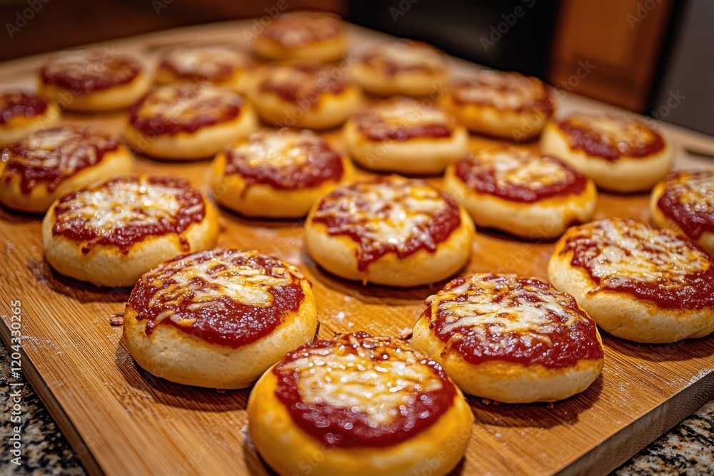 Mini pizzas with melted cheese on wooden tray Mini pizzas with melted cheese on wooden tray