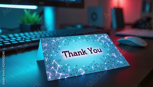 Futuristic thank you card on desk with glowing lights, digital appreciation theme