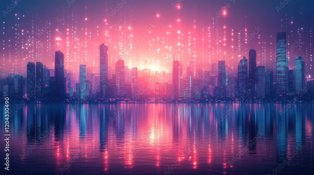 Vibrant city skyline at dusk with shimmering reflections and glowing lights, creating a futuristic atmosphere Vibrant city skyline at dusk with shimmering reflections and glowing lights, creating a futuristic atmosphere