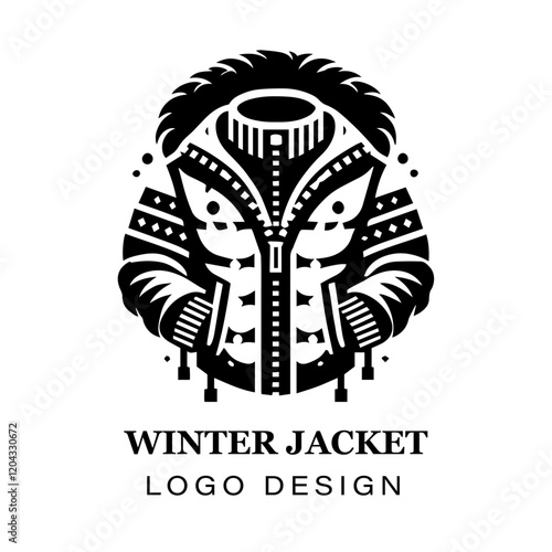  Black and white winter jacket with fur hood vector logo design, featuring stylized modern coat illustration for branding, apparel, and graphic art projects.
 photo