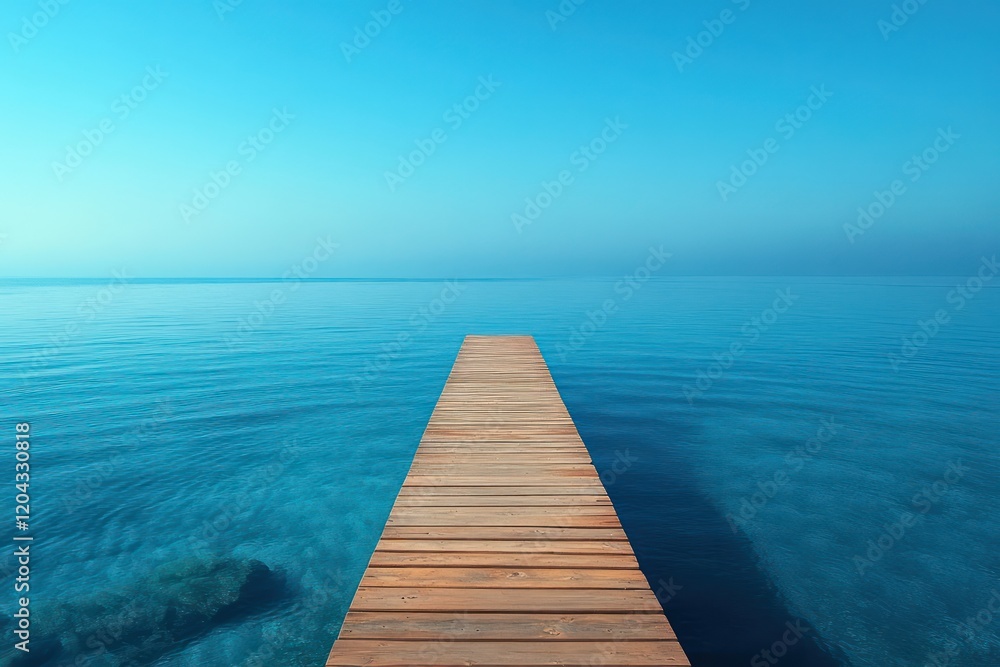 A wooden pier stretching out into a calm, blue ocean. A wooden pier stretching out into a calm, blue ocean.