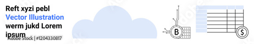 Cloud shape, financial chart, currency symbols, circuit board, blue and gray theme. Ideal for finance, technology, data analysis, cloud services, accounting, infographics, business presentations