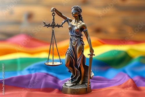 Blind woman justice bronce statue holding sword and scale in front of rainbow colors representing LGBT rights photo