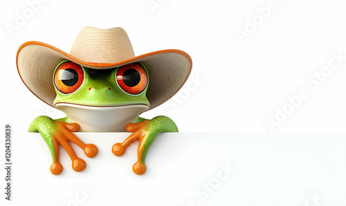 Cowboy Frog in Tan Hat, a whimsical cartoon frog sporting a tan cowboy hat, set against a bright white background, exuding playful charm. photo