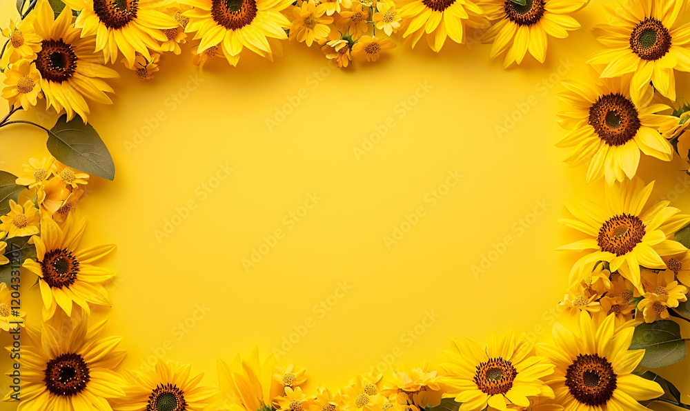 Naklejka premium Cheerful Sunflower Border, vibrant yellow sunflowers framing a bright background, exuding warmth and joy, perfect for cheerful designs and invitations.