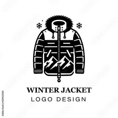  Black and white winter jacket with fur hood vector logo design, featuring stylized modern coat illustration for branding, apparel, and graphic art projects.
