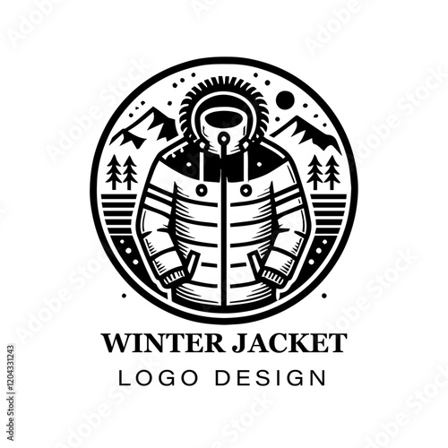  Black and white winter jacket with fur hood vector logo design, featuring stylized modern coat illustration for branding, apparel, and graphic art projects.
 photo