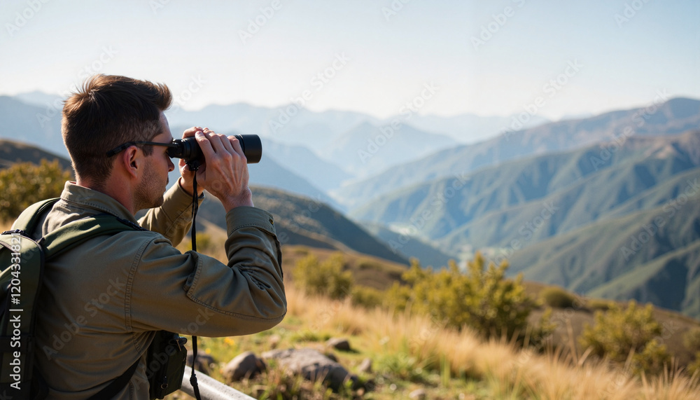 Obraz premium French soldier observing mountains with binoculars, strategic vigilance