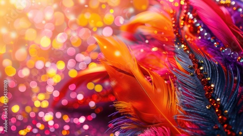 horizontal banner, Mardi Gras, carnival of Venice, bright green orange feather, colorful shining blurred background, glitter and radiance, copy space, free space for text