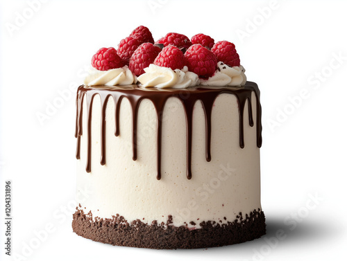 Luxurious Chocolate Drip Cake with Fresh Raspberries and Creamy Frosting on a White Background photo