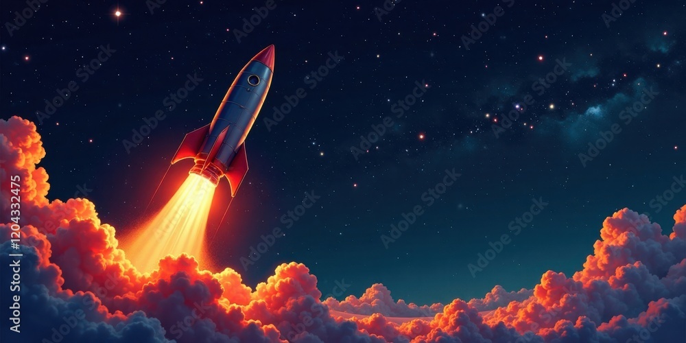 Naklejka premium A Retro Rocket Ascends Through Vibrant Clouds and a Starry Night Sky, Embarking on a Journey into the Vast Expanse of Space