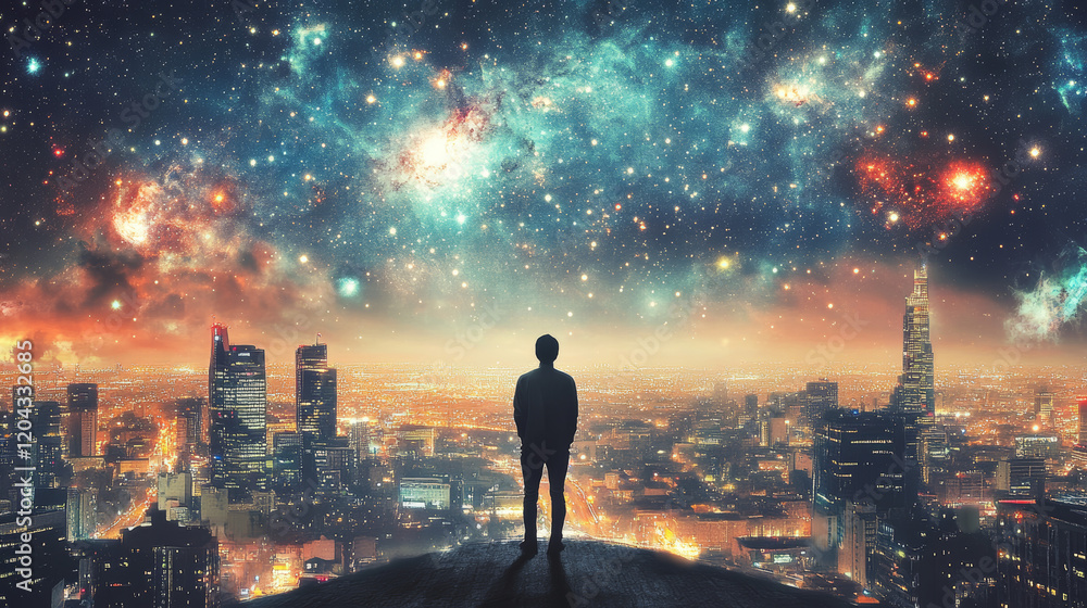 Figure standing at the edge of reality, caught between a vibrant cityscape and a mystical, starry sky, contemplating the boundary between the fast-paced world and serene cosmic vastness Figure standing at the edge of reality, caught between a vibrant cityscape and a mystical, starry sky, contemplating the boundary between the fast-paced world and serene cosmic vastness