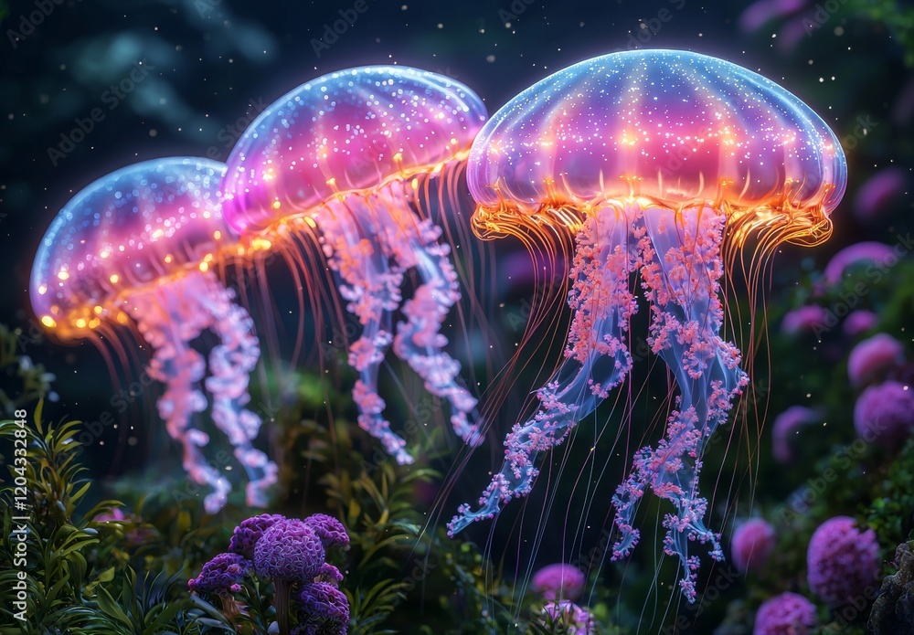 A bioluminescent jellyfish glides through the dark ocean, bathed in an otherworldly light A bioluminescent jellyfish glides through the dark ocean, bathed in an otherworldly light