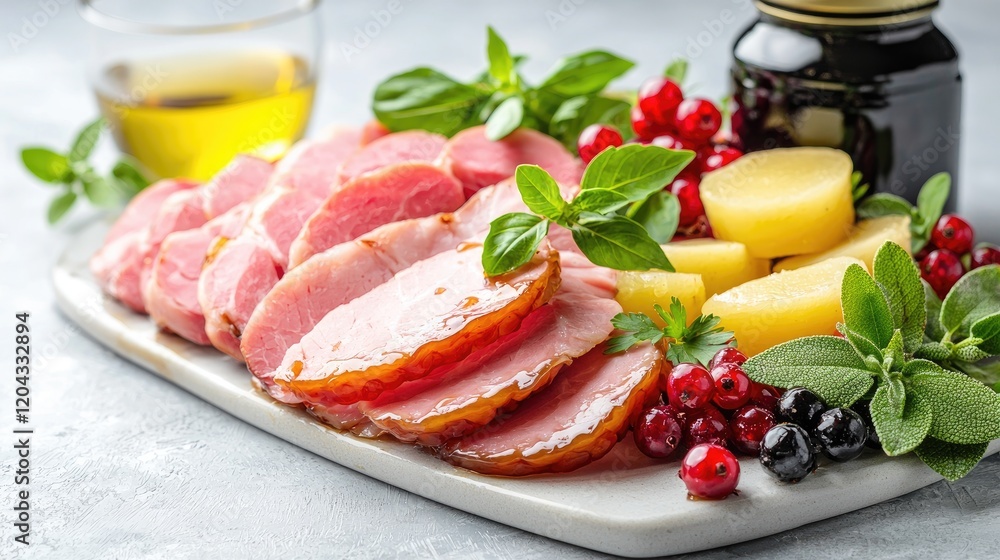 Sliced glazed ham with boiled potatoes, berries, and herbs on a white platter. Sliced glazed ham with boiled potatoes, berries, and herbs on a white platter.
