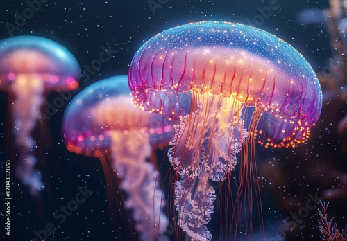 In the darkness of the ocean, a bioluminescent jellyfish drifts, its form outlined by a mystical glow photo