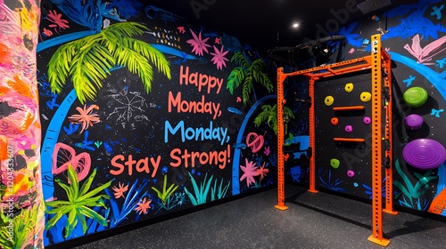 Happy Monday, Monday, Stay Strong! Motivational Gym Mural with Exercise Equipment photo