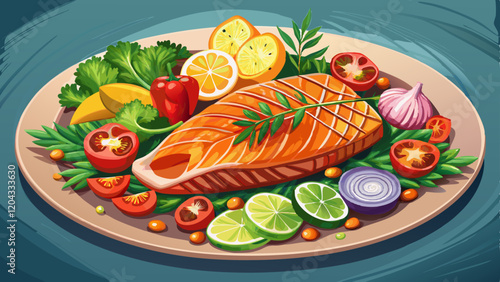 Grilled salmon with vegetables, keto diet dish. Generative Ai, hyper realistic