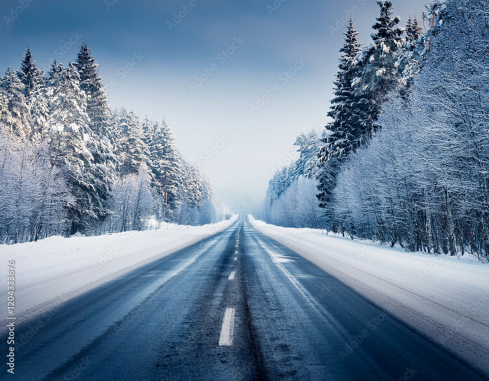 Straight road covered with snow and ice at winter Straight road covered with snow and ice at winter