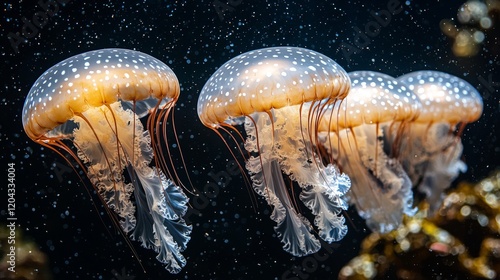 Captivating photograph of luminous jellyfish in the deep sea. Excellent for marine life, nature, and ocean themes photo