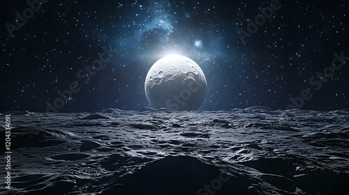 A vibrant aurora dancing over the surface of a faraway moon, with stars sparkling above, during a serene cosmic night